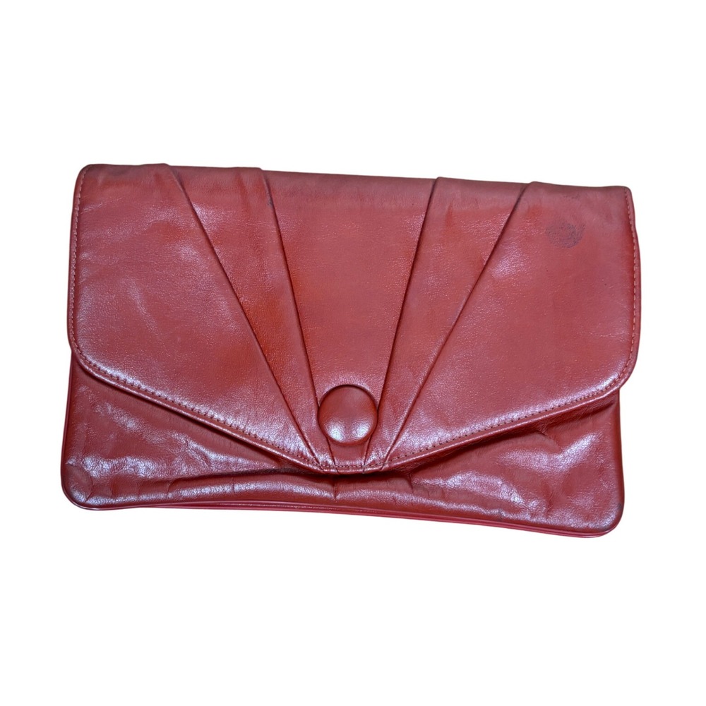 Vintage Leather Envelope Clutch Bag Pleated Sunburst Evening Handbag Orange